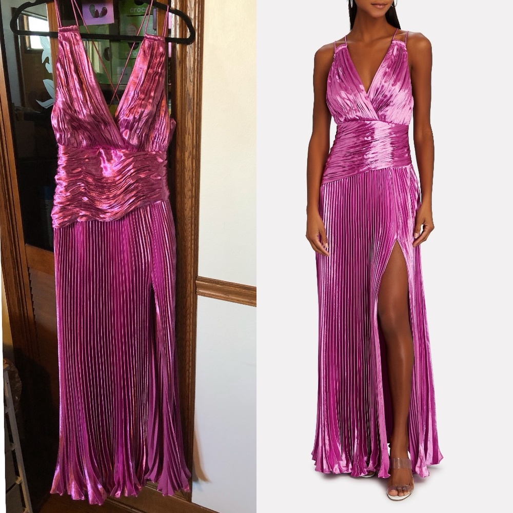 Aiifos vera shiny satin pink pleated V neck maxi dress leg slit